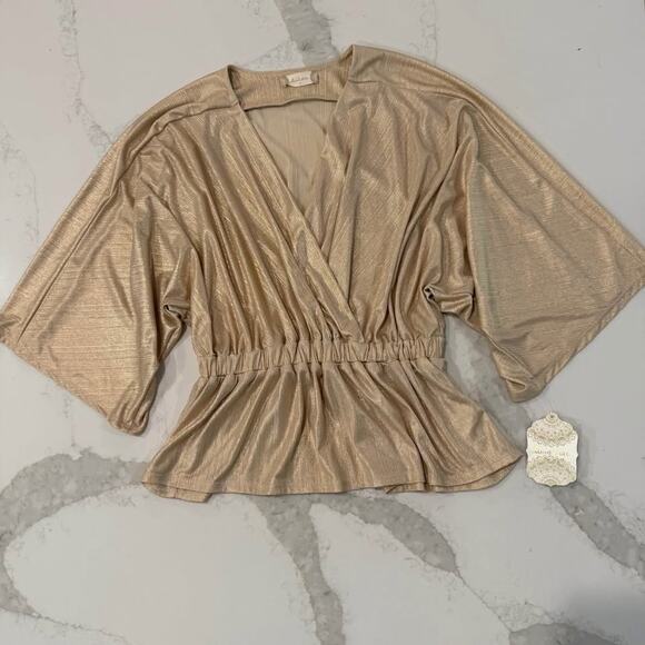 Altar’d State NWT Draped V-Neck Kimono Style Metallic Blouse Women's Small Gold - Picture 1 of 8